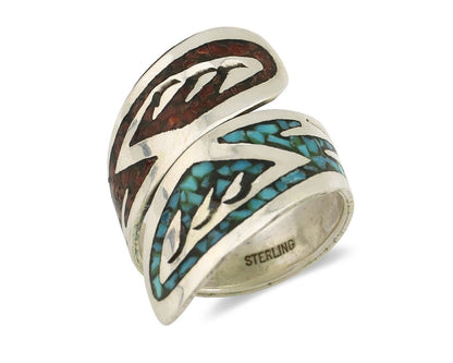 Navajo Chip Inlay Ring 925 Silver Turquoise & Coral Artist Native Artist C.80's
