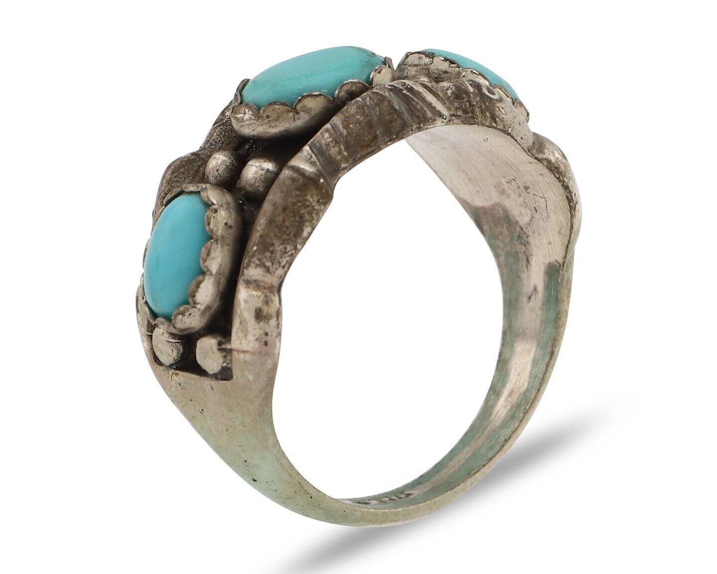 Navajo Ring .925 Silver Natural Blue Turquoise Artist Signed Sun Bell C.80's