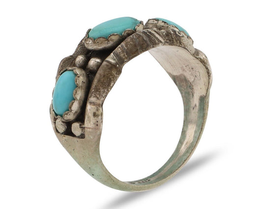 Navajo Ring .925 Silver Natural Blue Turquoise Artist Signed Sun Bell C.80's