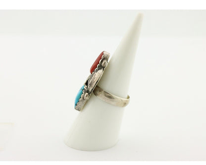 Navajo Ring 925 Silver Blue Turquiose & Mediterranean Coral Native Artist C.80's