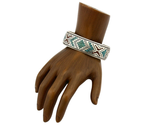 Navajo Bracelet .925 Silver Turquoise & Coral Cuff Signed Stanley Bain C.80's