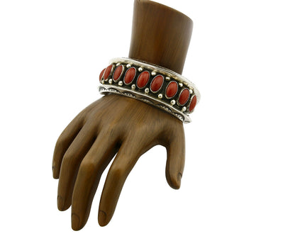 Navajo Bracelet .925 Silver Natural Calibrated Coral Old Pawn Handmade Cuff C80s