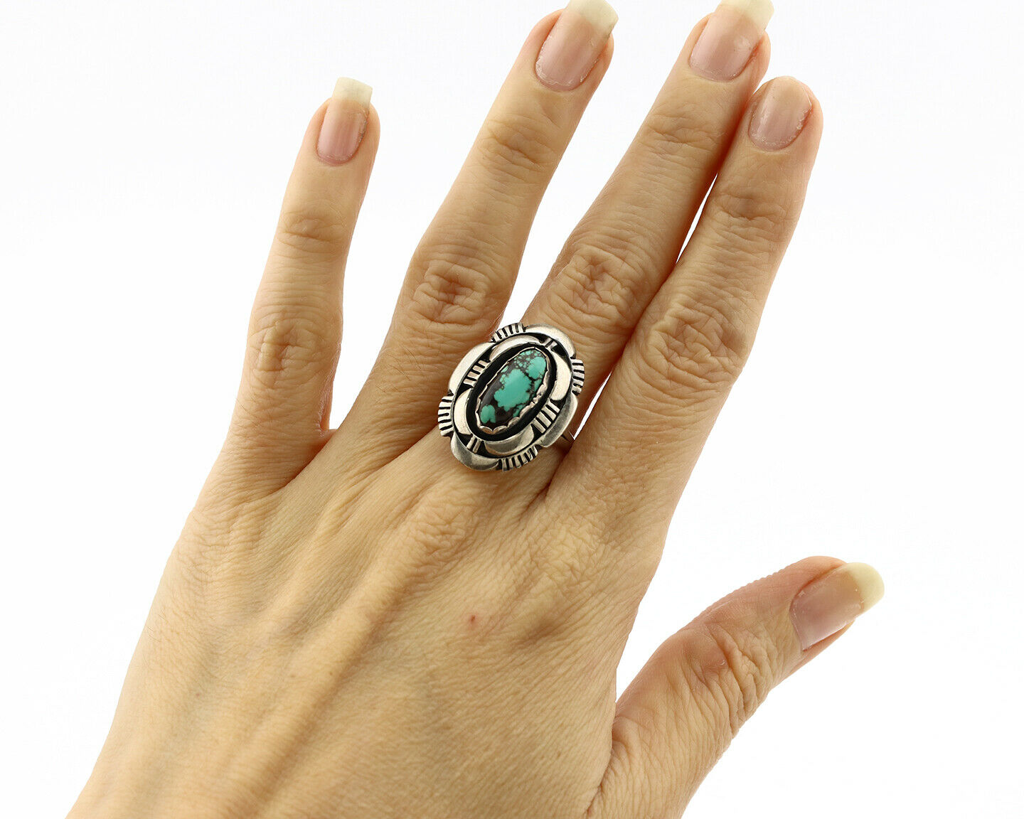 Navajo Ring .925 Silver Spiderweb Turquoise Artist Signed L. M. Nez C80s