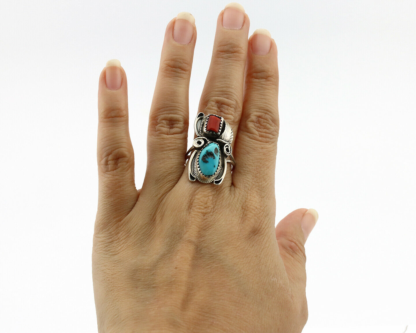 Navajo Ring .925 Silver Turquoise & Coral Artist Signed J Morris C.80's