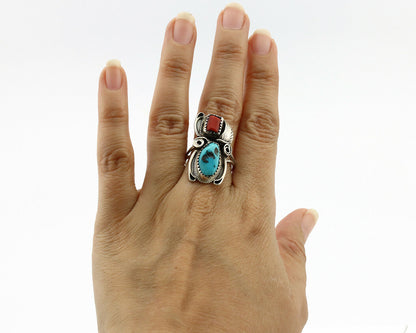 Navajo Ring .925 Silver Turquoise & Coral Artist Signed J Morris C.80's