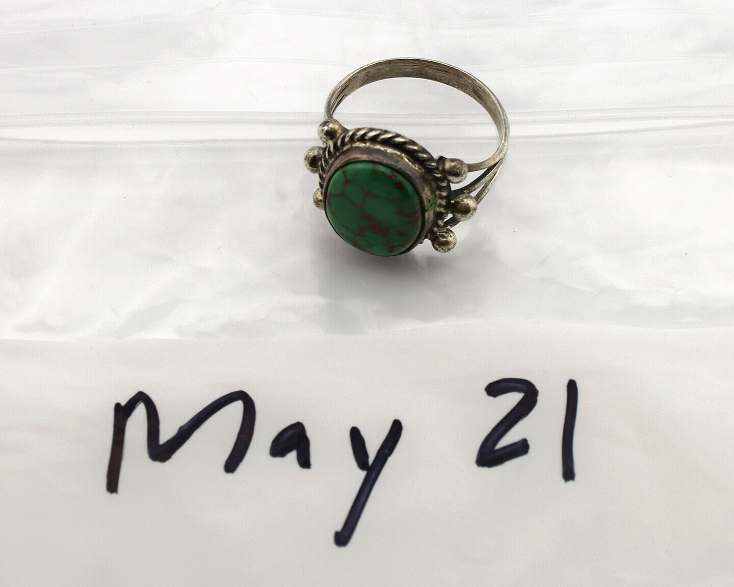 Navajo Ring .925 Silver Natural Green Turquoise Artist Signed R C.80's