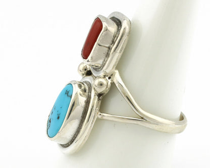 Navajo Ring .925 Silver Blue Turquoise & Red Coral Native American Artist C.80's