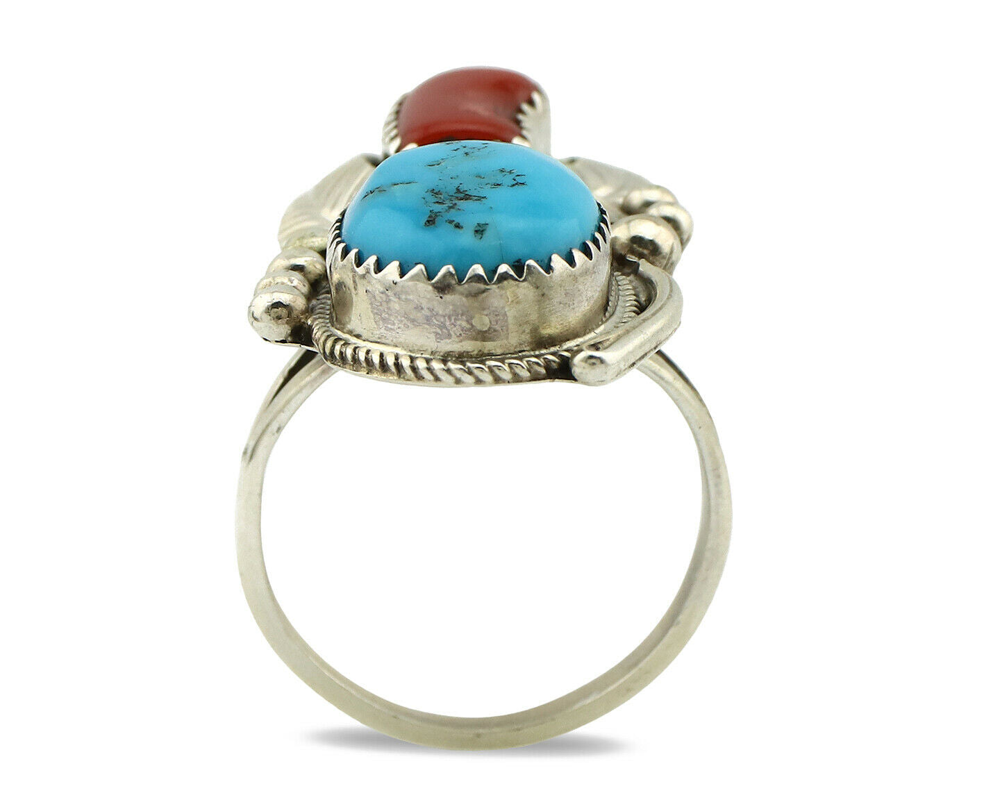 Navajo Ring .925 Silver Turquoise & Coral Artist Signed Justin Morris C.1980's