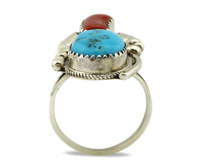Navajo Ring .925 Silver Turquoise & Coral Artist Signed Justin Morris C.1980's