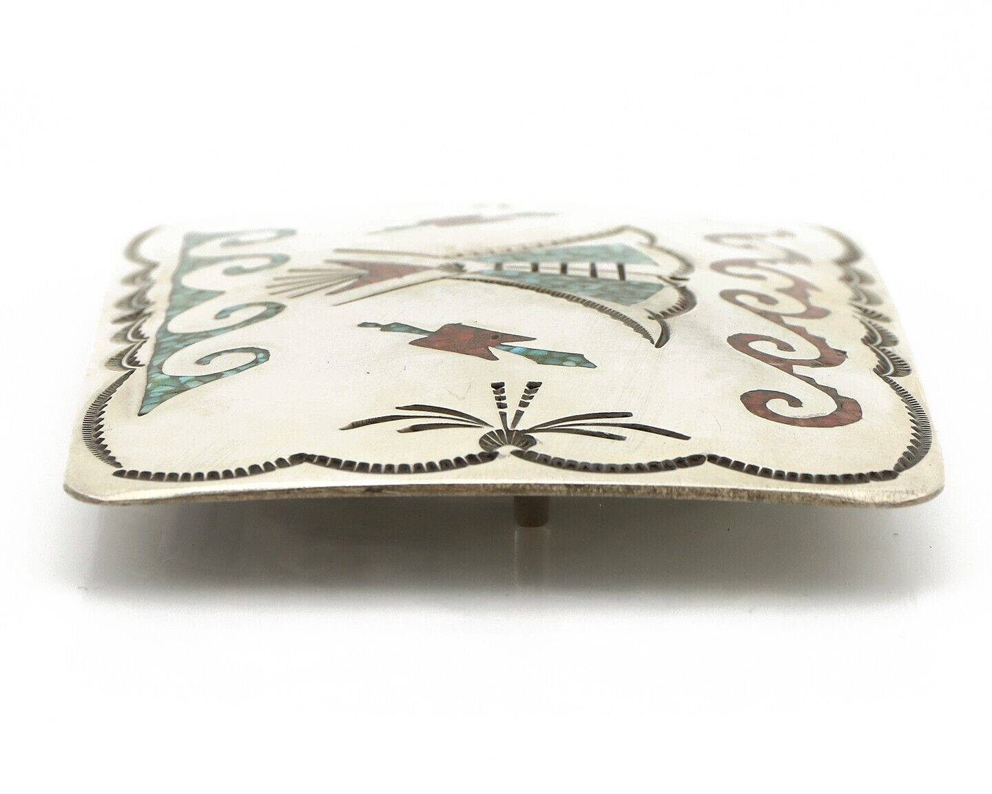 Navajo Belt Buckle .925 Silver Handmade Chip Inlay Artist Signed Bee Gay C.80's