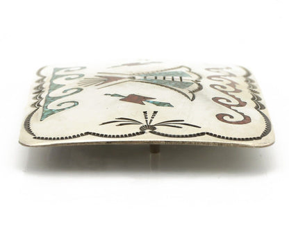 Navajo Belt Buckle .925 Silver Handmade Chip Inlay Artist Signed Bee Gay C.80's