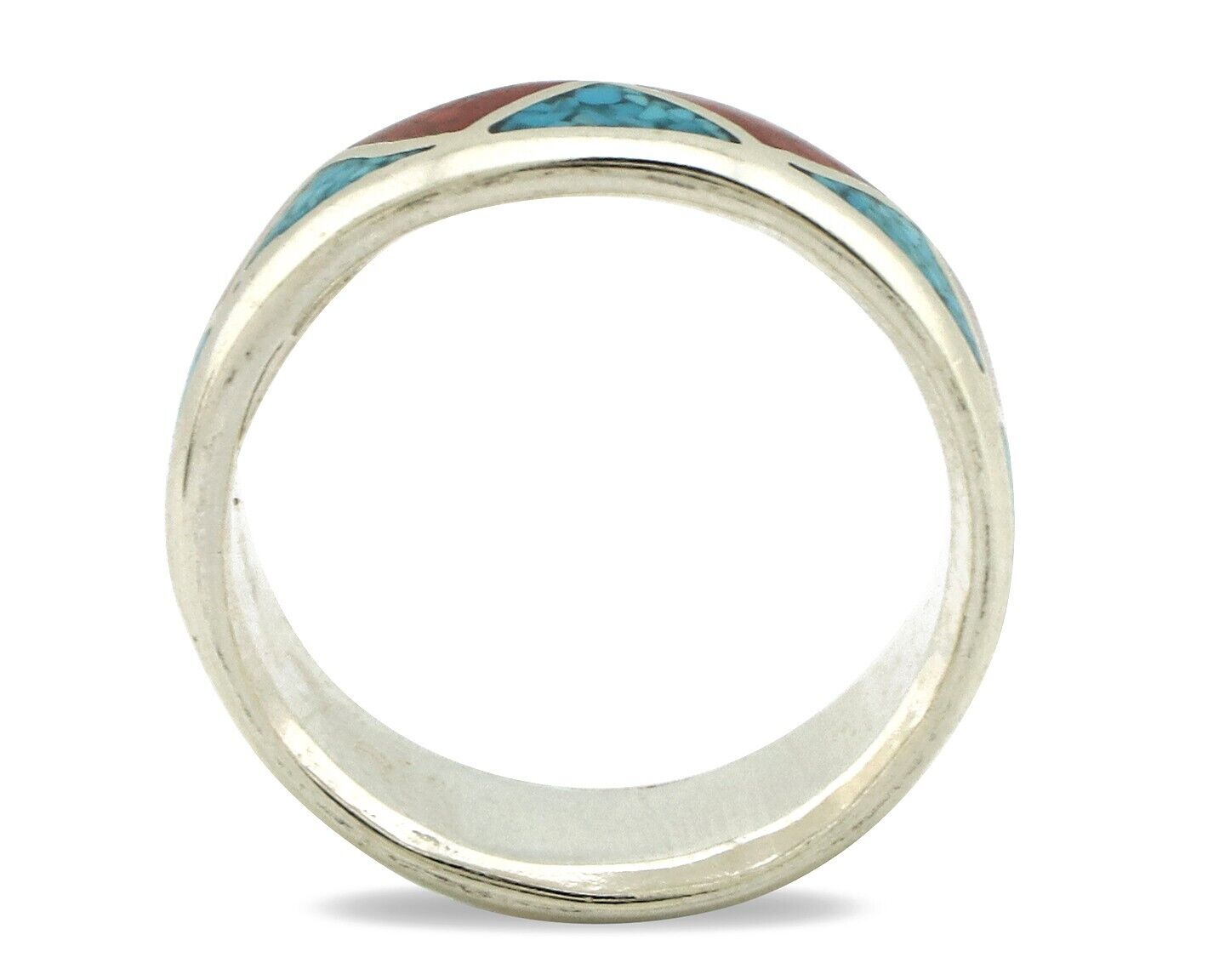 Navajo Chip Inlay Ring 925 Silver Sleeping Beauty Turquoise & Coral Silver Cloud
