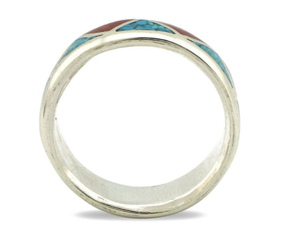 Navajo Chip Inlay Ring 925 Silver Sleeping Beauty Turquoise & Coral Silver Cloud