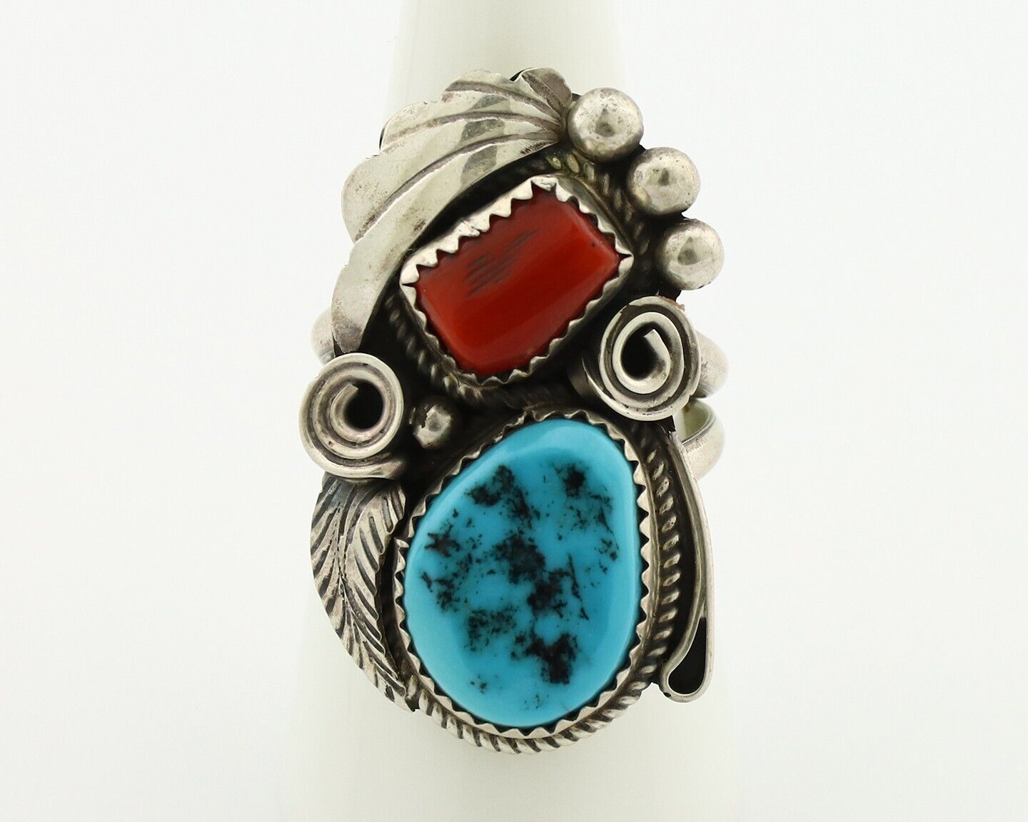 Navajo Ring 925 Silver Blue Turquiose & Coral Artist Signed Justin Morris C.80's