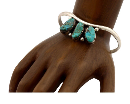 Navajo Bracelet 925 Silver Blue Morenci Turquoise Artist Signed E SANDAVOL C80s