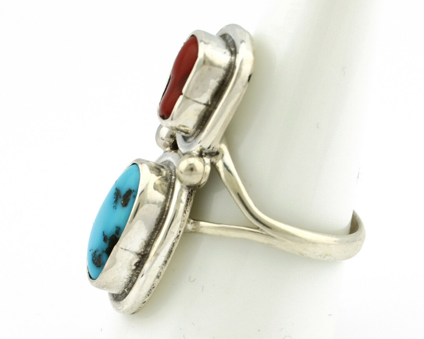 Navajo Ring .925 Silver Red Coral & Blue Turquoise Native Artist C.80's