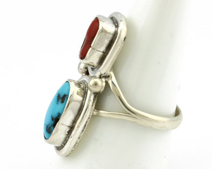 Navajo Ring .925 Silver Red Coral & Blue Turquoise Native Artist C.80's