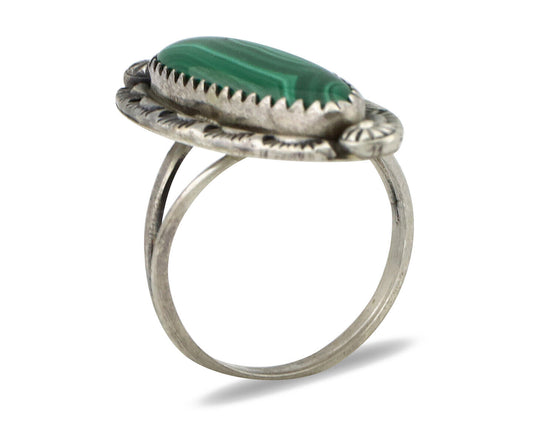 Navajo Ring 925 Silver Natural Malachite Artist Native American Signed H C.80's