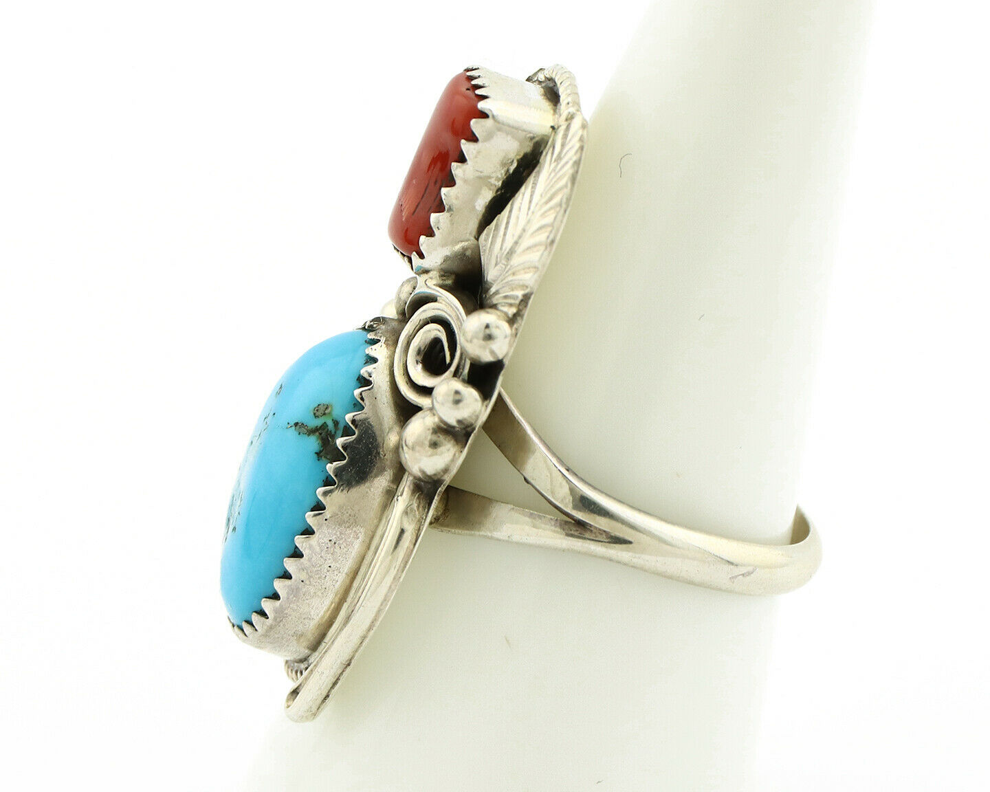 Navajo Ring .925 Silver Turquoise & Coral Artist Signed Justin Morris C.1980's