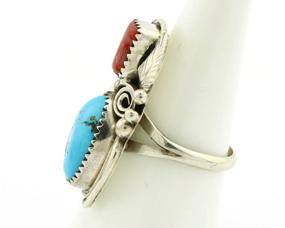 Navajo Ring .925 Silver Turquoise & Coral Artist Signed Justin Morris C.1980's