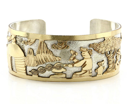 Navajo Bracelet Pictograph Landscape SOLID .925 Silver & 12K GF Artist Signed B