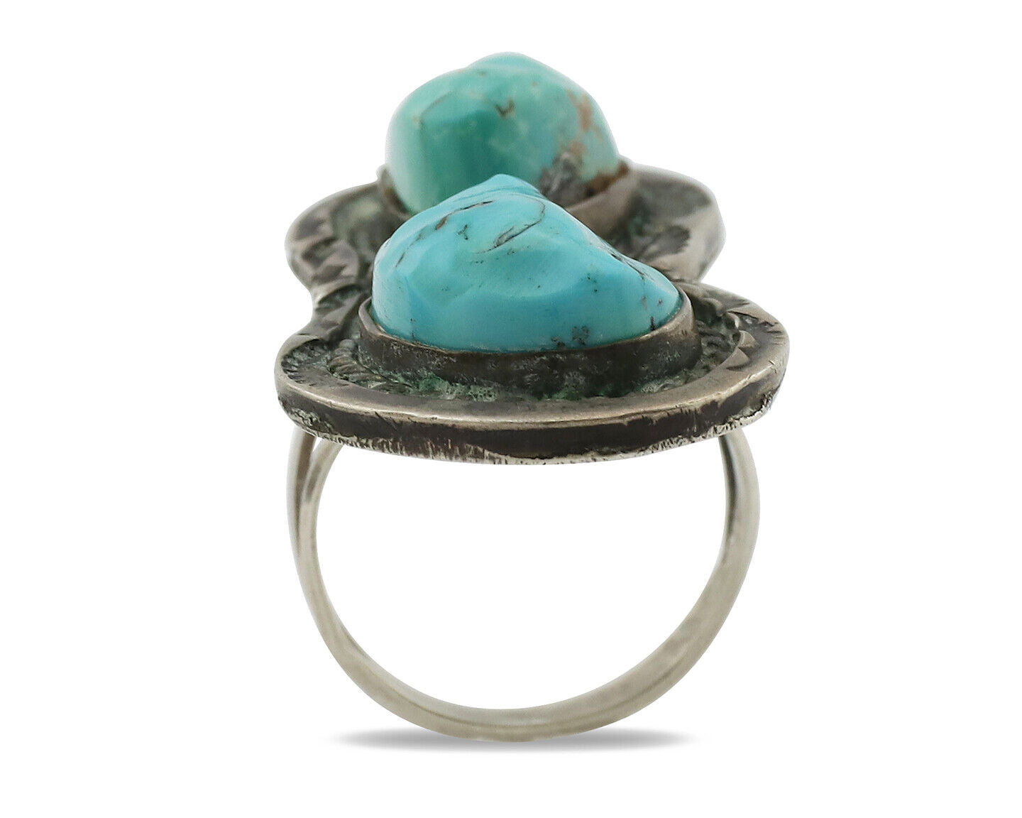 Navajo Ring .925 Silver Globe Turquoise Hand Stamped Native American Artist C80s