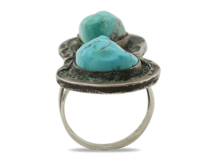 Navajo Ring .925 Silver Globe Turquoise Hand Stamped Native American Artist C80s