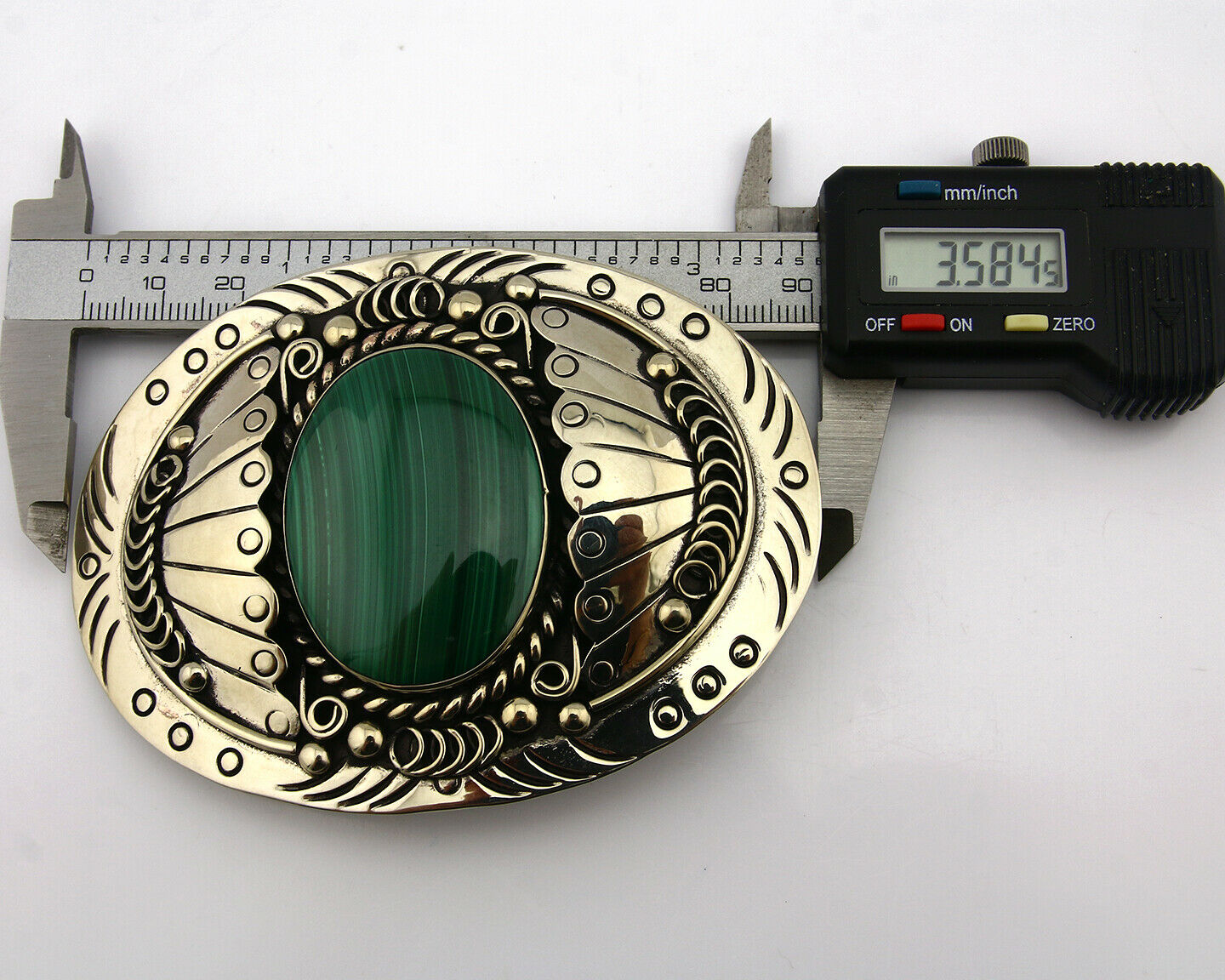 Navajo Handmade Belt Buckle .999 Nickle Silver Malachite Signed Tipi C.80's