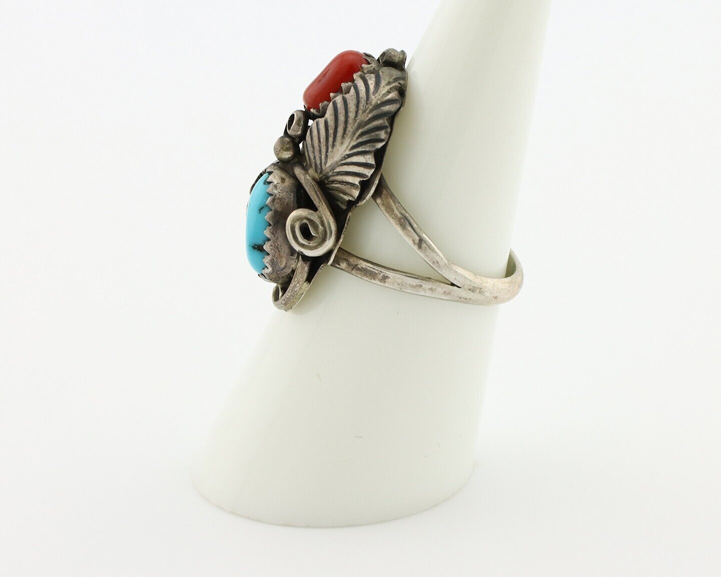 Navajo Handmade Ring 925 Silver Turquiose & Coral Native American Artist C.80's