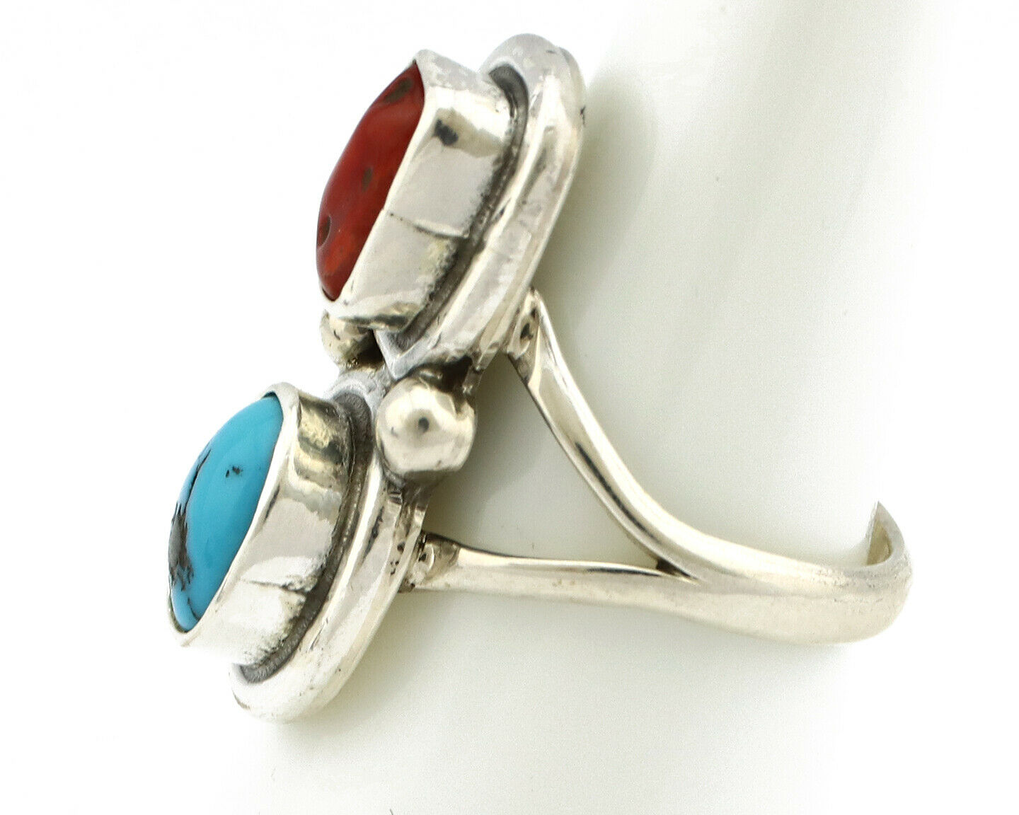 Navajo Ring .925 Silver Red Coral & Blue Turquoise Native Artist C.80's