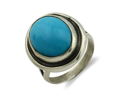 Navajo Ring .925 Silver Kingman Turquoise Handmade Native American Artist C80s