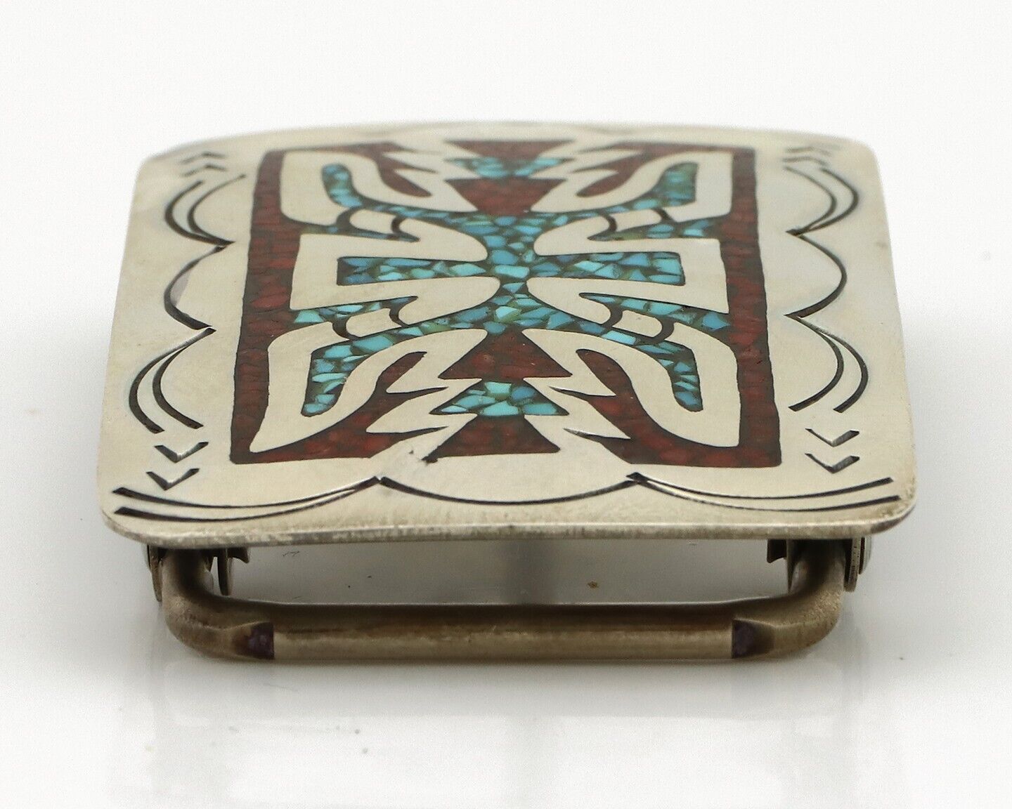 Navajo Belt Buckle 925 Silver Handmade Chip Inlay Native American Artist C.80s