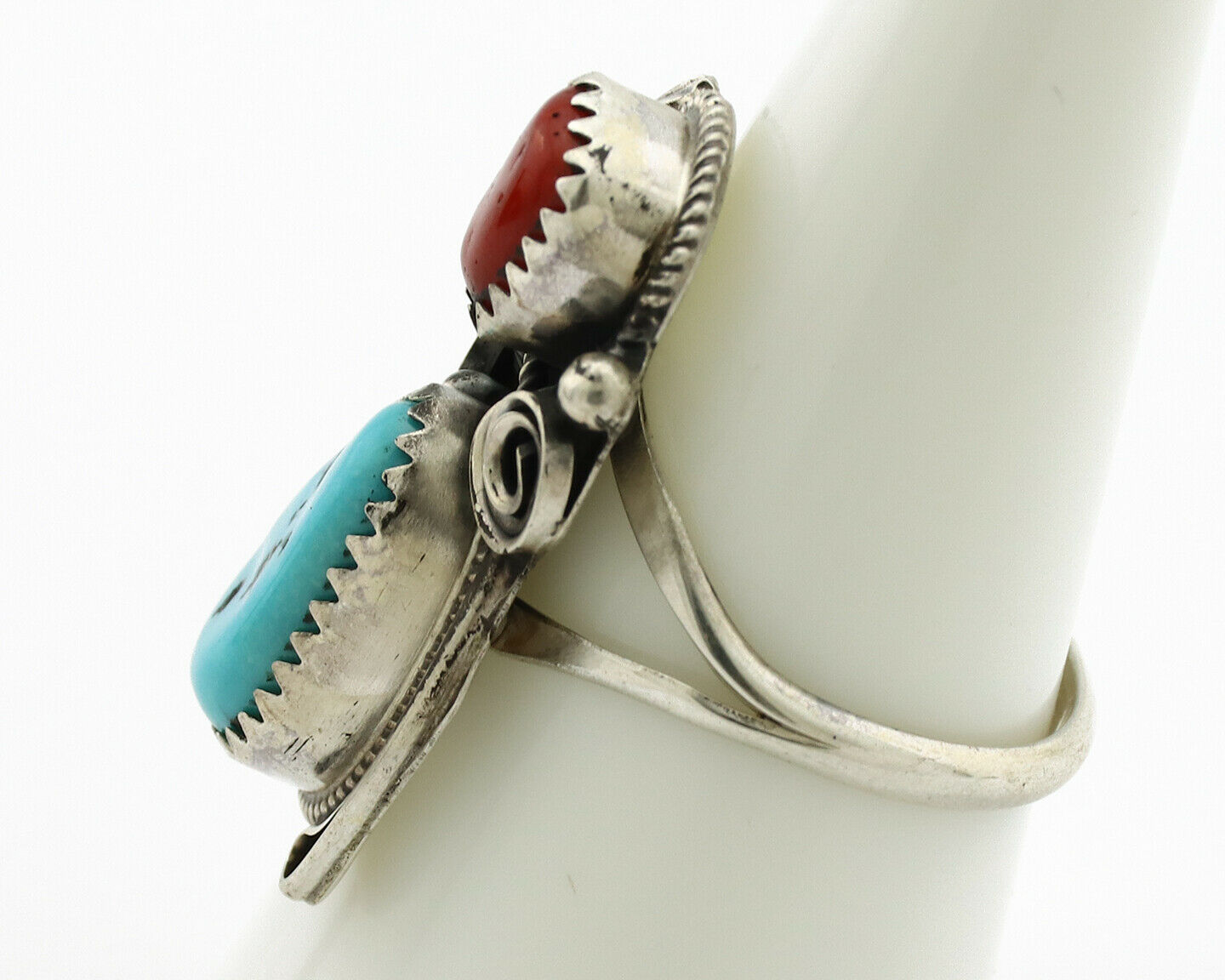 Navajo Ring .925 Silver Turquoise & Coral Artist Signed J Morris C.80's