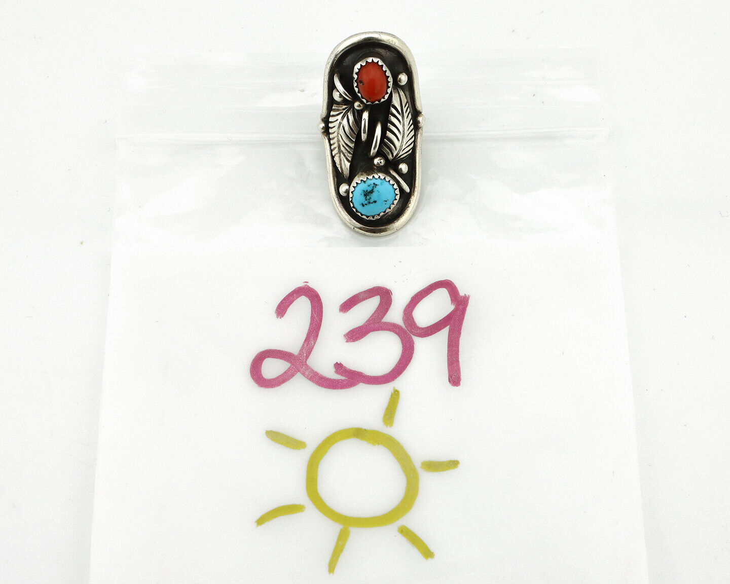 Navajo Ring 925 Silver Turquoise & Coral Artist Signed Benson Boyd C.80's