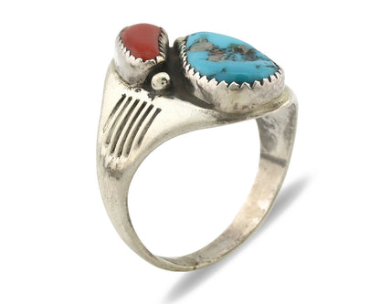 Zuni Ring .925 Silver Natural Turquoise & Coral Native American Artist C.1980's