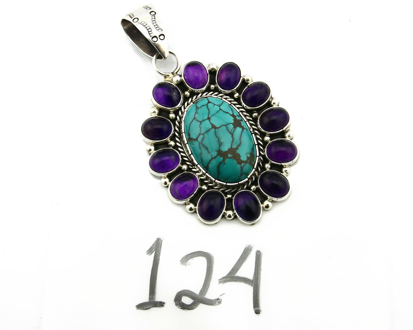 Navajo Pendant .925 Silver Natural Turquoise & Amethyst Signed Artist BP C.80's
