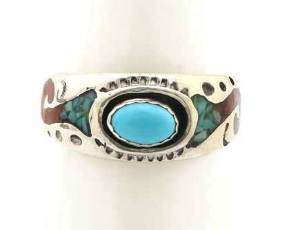 Navajo Inlay Band Ring 925 Silver Turquoise & Coral Native Artist C.80's