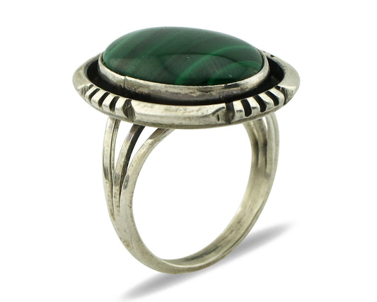 Navajo Ring 925 Silver Natural Green Malachite Signed William Denetdale C.80's