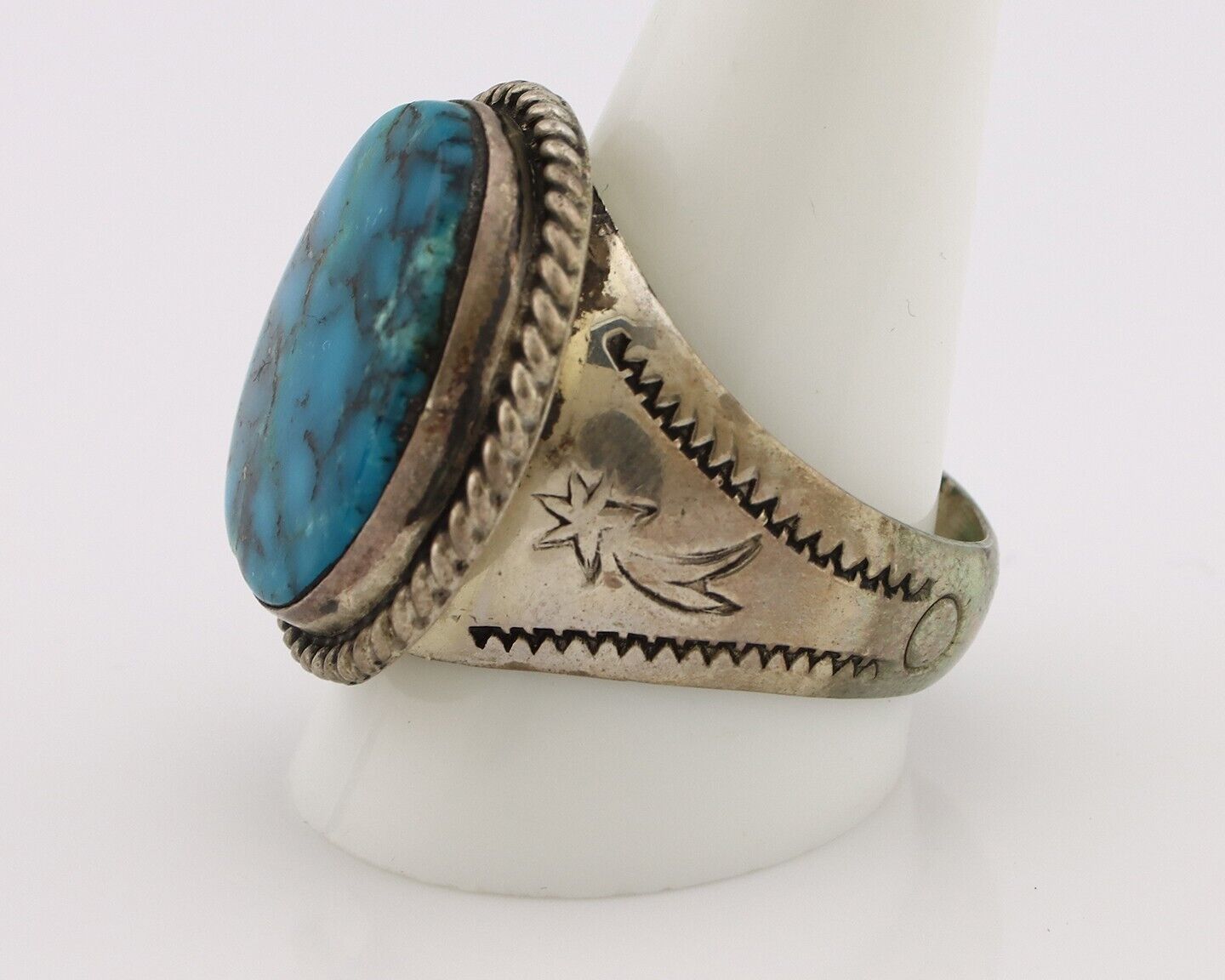Navajo Ring .925 Silver Blue Spiderweb Turquoise Native American Artist C.80's