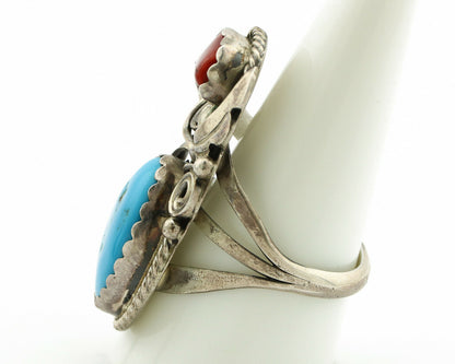 Navajo Ring .925 Silver Turquoise & Coral Artist Signed Justin Morris C.80's