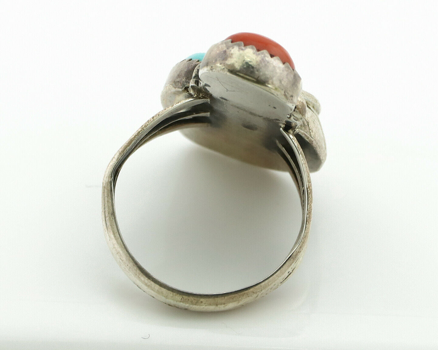 Navajo Ring .925 Silver Turquoise & Coral Native American Artist C.1980's