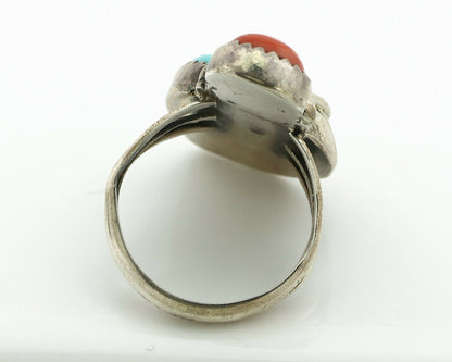 Navajo Ring .925 Silver Turquoise & Coral Native American Artist C.1980's