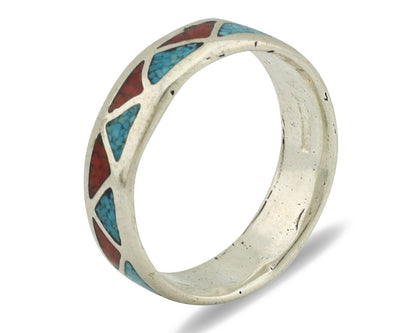 Navajo Ring 925 Silver Natural Turquoise & Coral Native American Artist C.80's