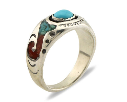 Navajo Inlay Band Ring 925 Silver Turquoise & Coral Native Artist C.80's