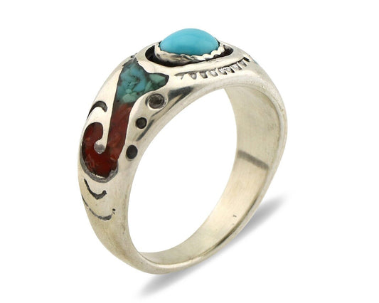 Navajo Inlay Band Ring 925 Silver Turquoise & Coral Native Artist C.80's