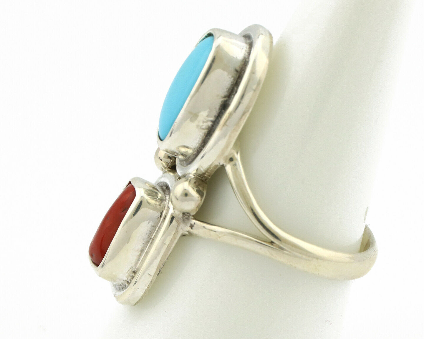 Navajo Ring .925 Silver Blue Turquoise & Red Coral Native American Artist C.80's