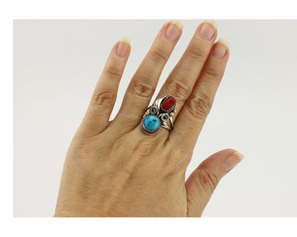 Navajo Ring 925 Silver Blue Turquiose & Coral Artist Signed Justin Morris C.80's