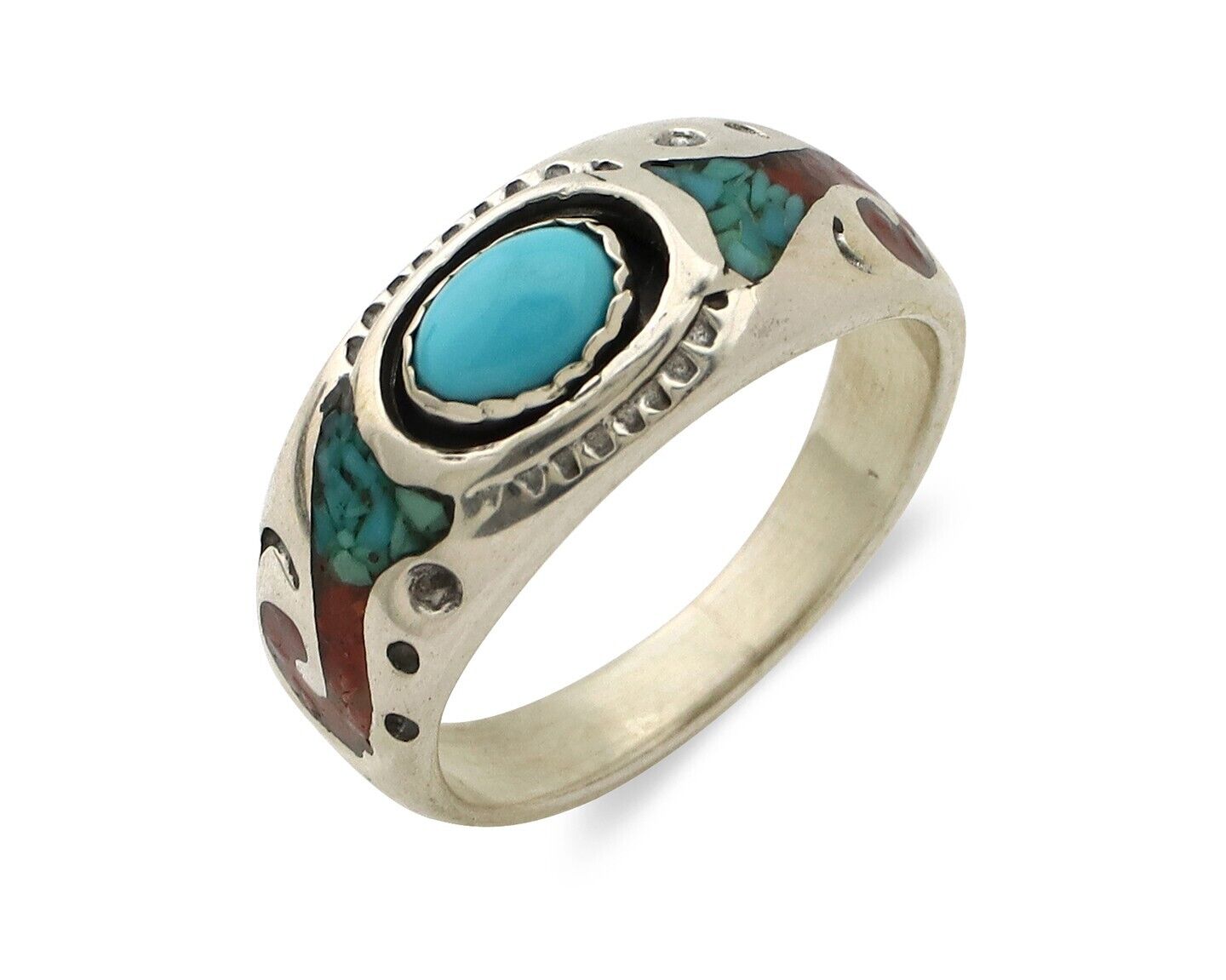 Navajo Inlay Band Ring 925 Silver Turquoise & Coral Native Artist C.80's