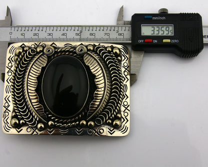 Navajo Handmade Belt Buckle .999 Nickle Silver Onyx Artist Signed Tipi C.80's