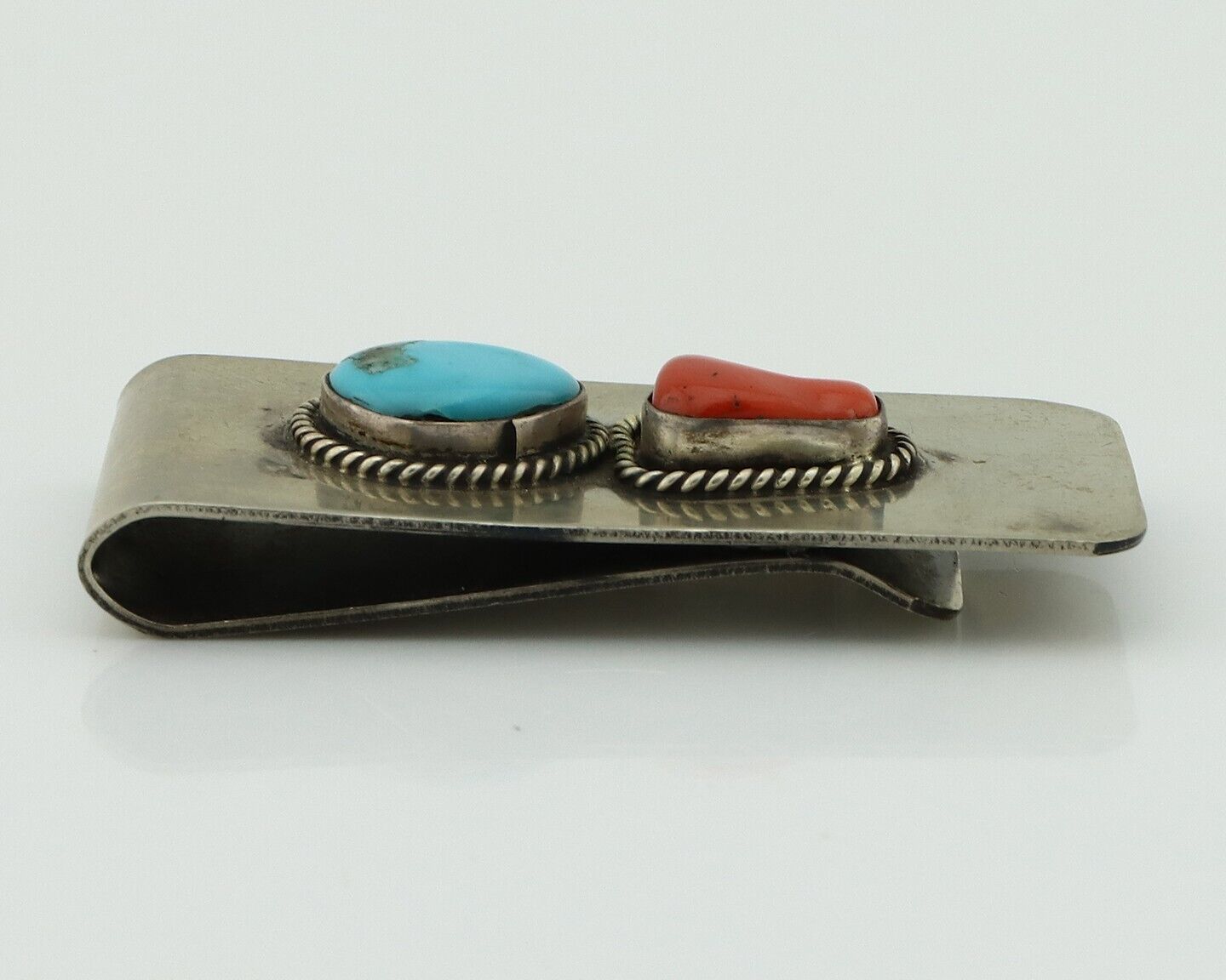 Navajo Money Clip 925 Silver & 999 Nickel Natural Turquoise & Coral Artist C80